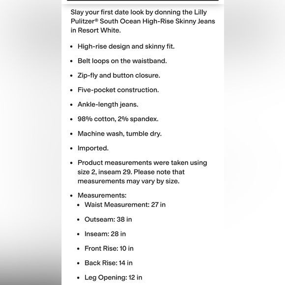 NWT Lily Pulitzer South Ocean High Rise Skinny Jeans In Resort White SZ 0/26 - Picture 12 of 14